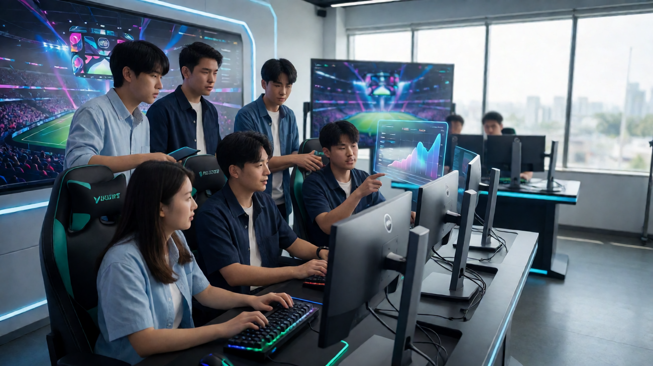 电竞赛场现场氛围，灯光璀璨的竞技舞台